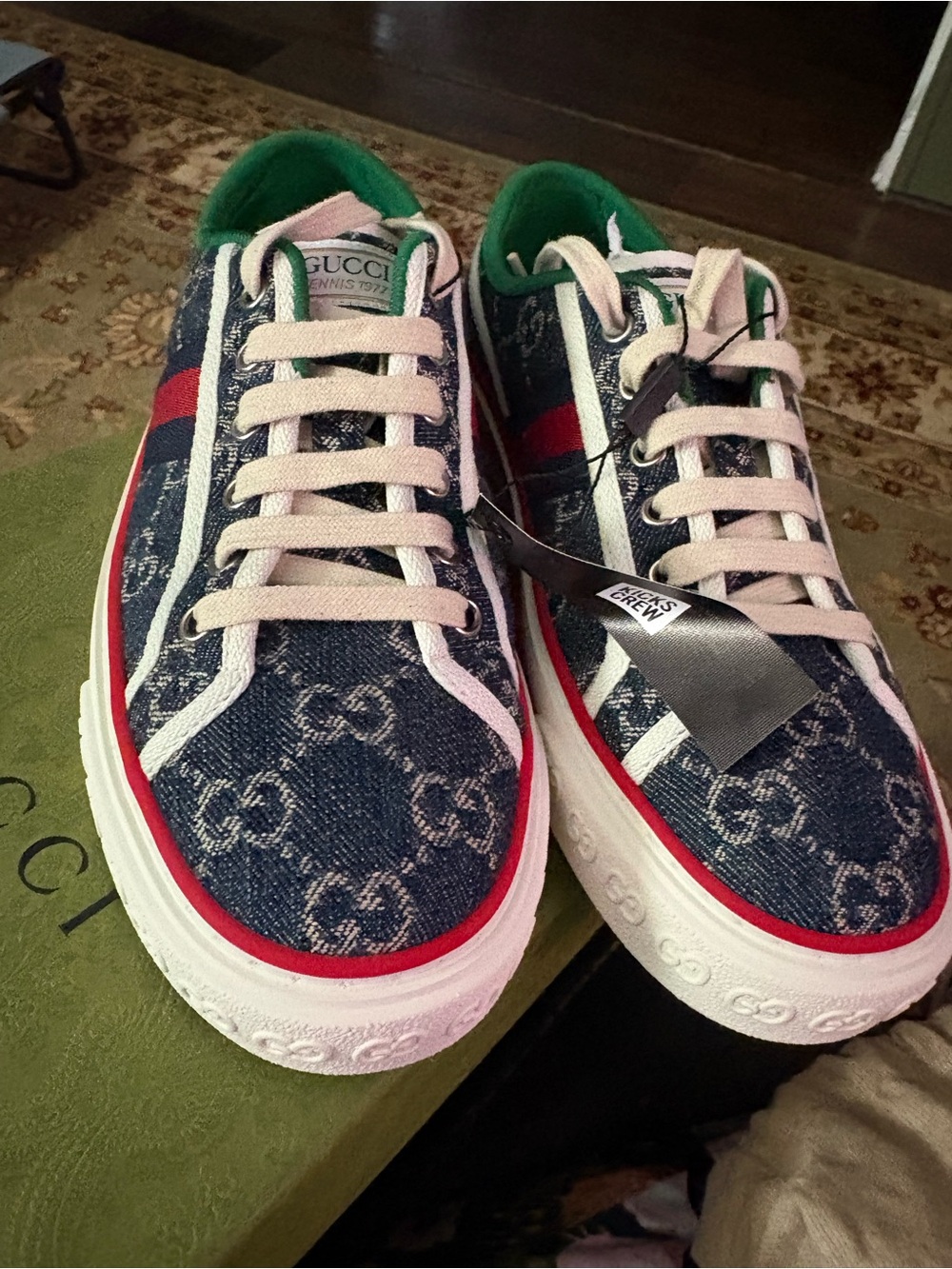 Gucci Women Denim GG Low-Top Sneakers with Green & Red Stripes